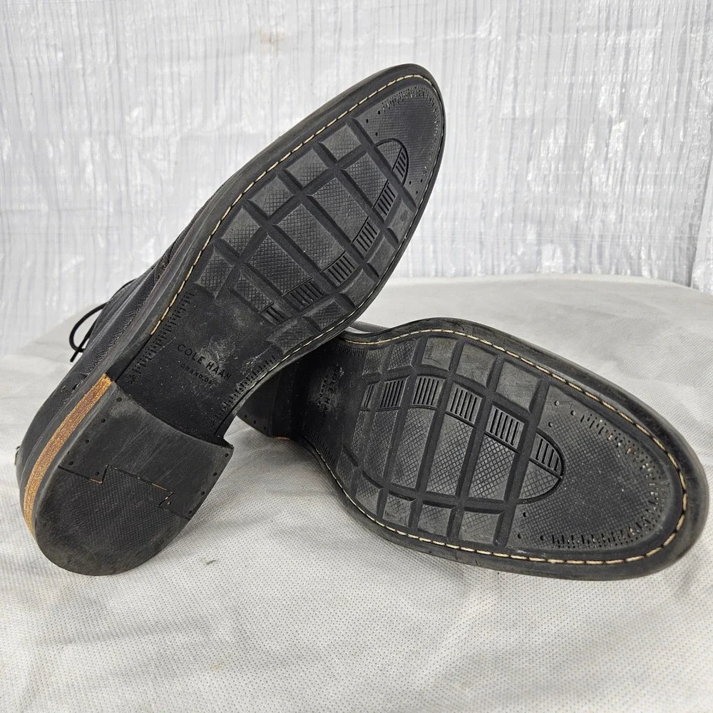 Cole Haan Grand.OS Men's 9.5 Black Pebbled Leather Wingtip Oxford Dress Shoes
